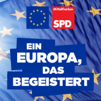 Logo "Ein Europa, das begeistert" vor dem Hintergrund der Europafahne